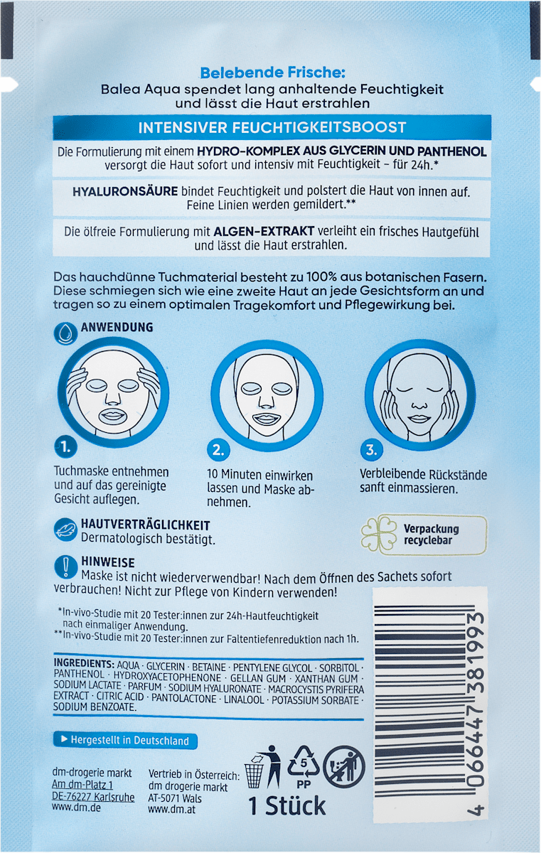 Balea Aqua Hydrating Sheet Mask, 1 Piece